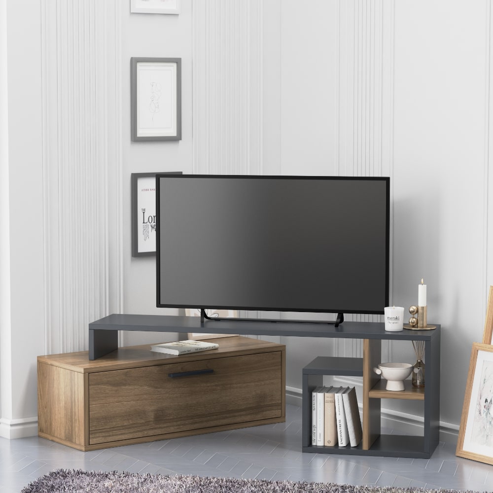 Brown Wooden Adjustable TV Cabinet Stand - Modular Wood - 1